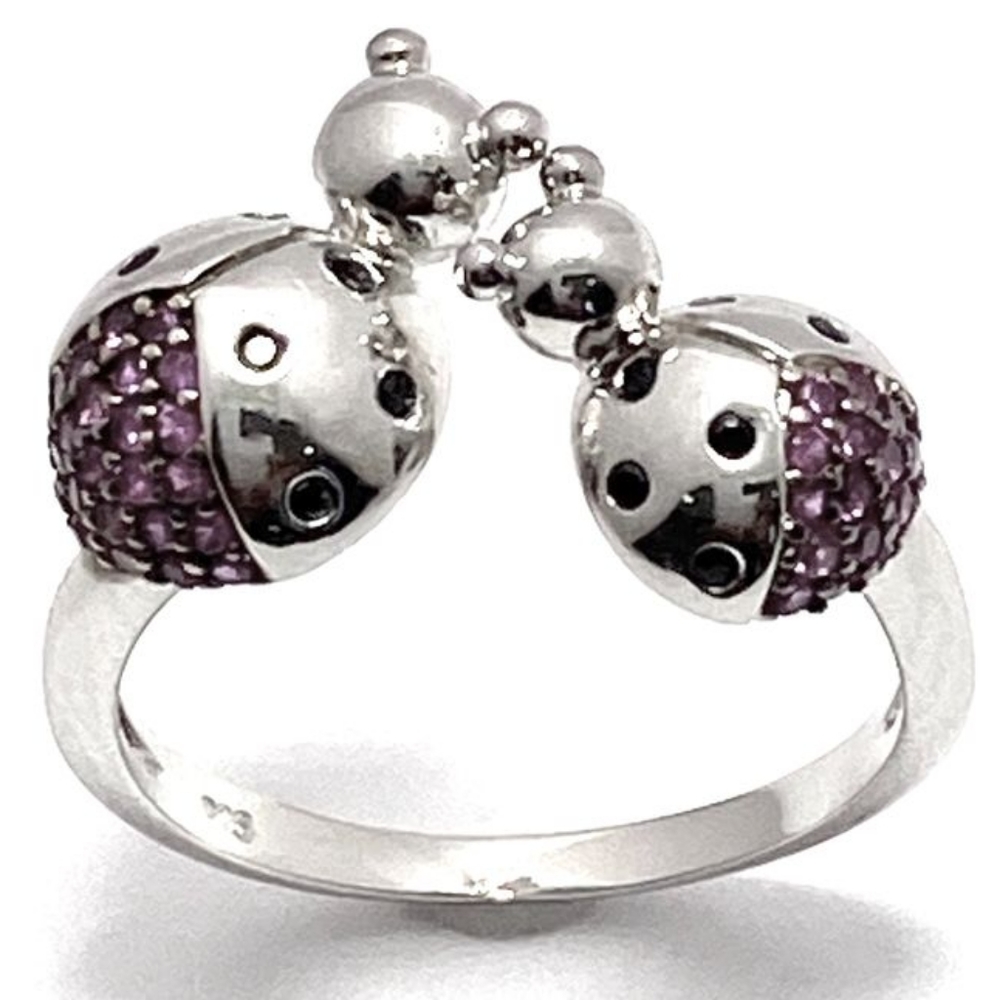 Lady Bugs Ring - 925 SS White Gold Overlay & Ruby - Picture 3 of 12